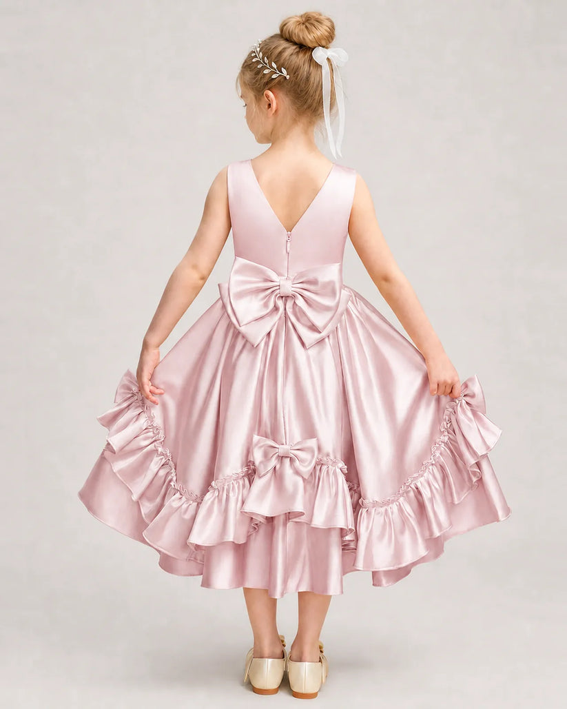 Blush Pink Satin A-line Girls Formal Dress Back View