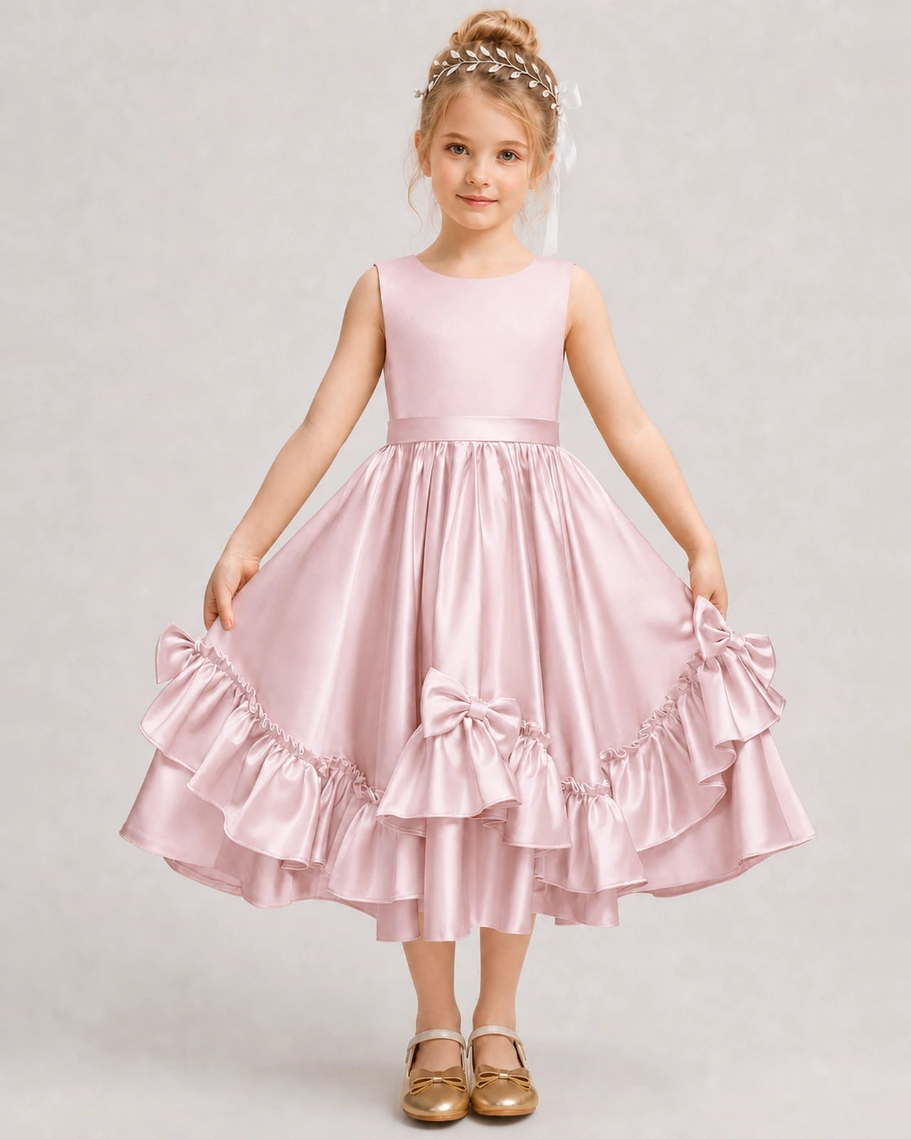 Blush Pink Flower Girl Dress Deep V-Back Satin Bow Ruffle Knee-Length Dress Front View