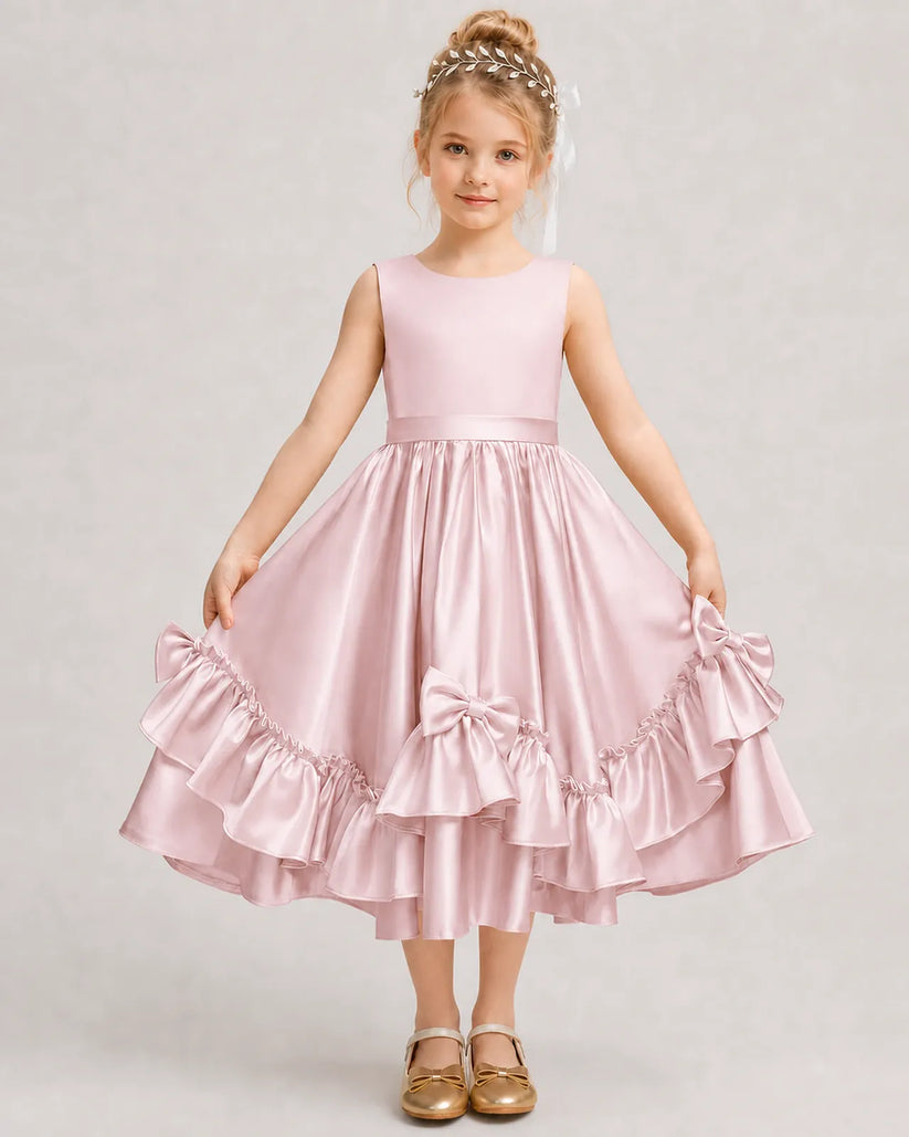 Blush Pink Satin A-line Girls Formal Dress Front View