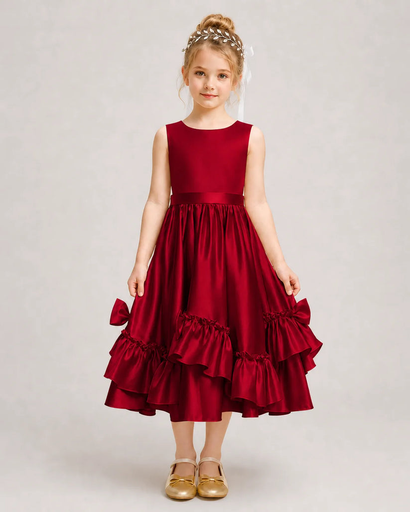 Burgundy Satin A-line Girls Formal Dress Front View