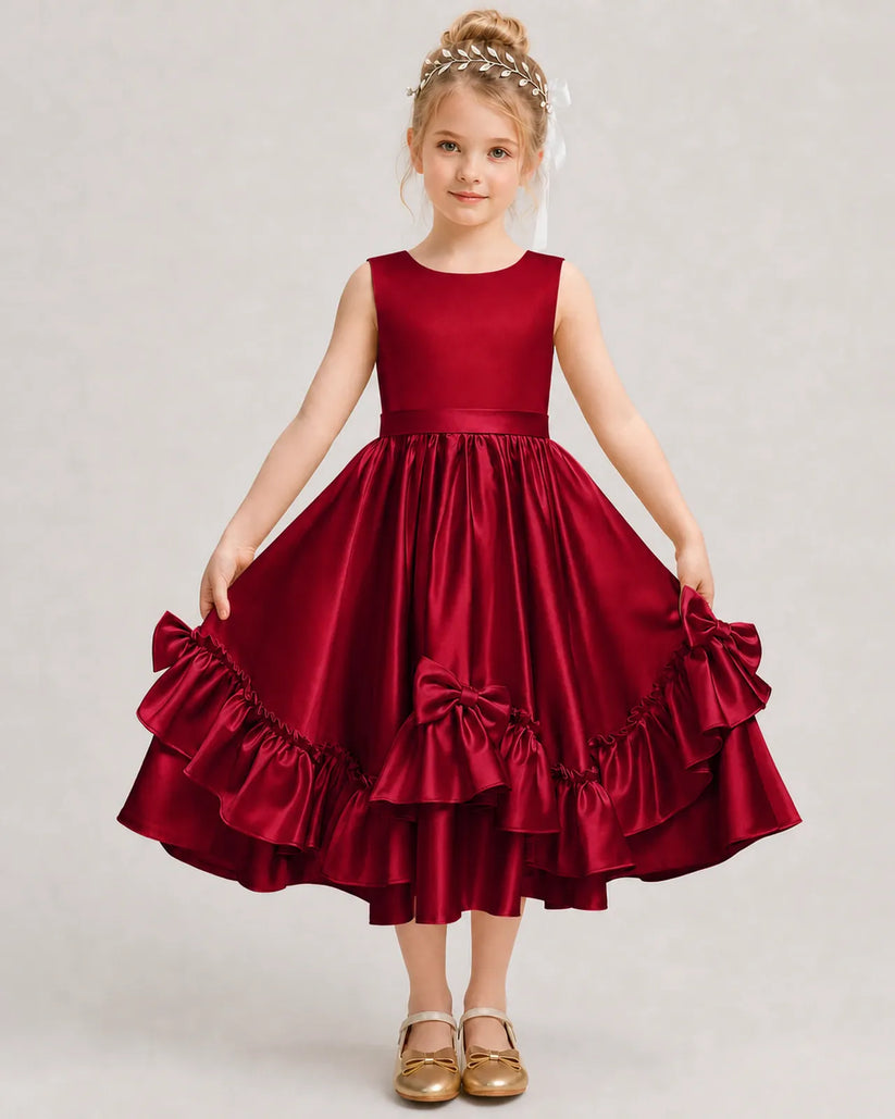 Burgundy Satin A-line Girls Formal Dress Front View