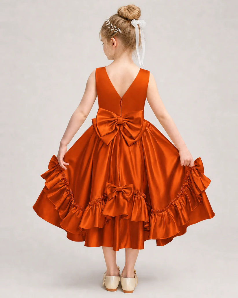 Burnt Orange Satin A-line Girls Formal Dress Back View