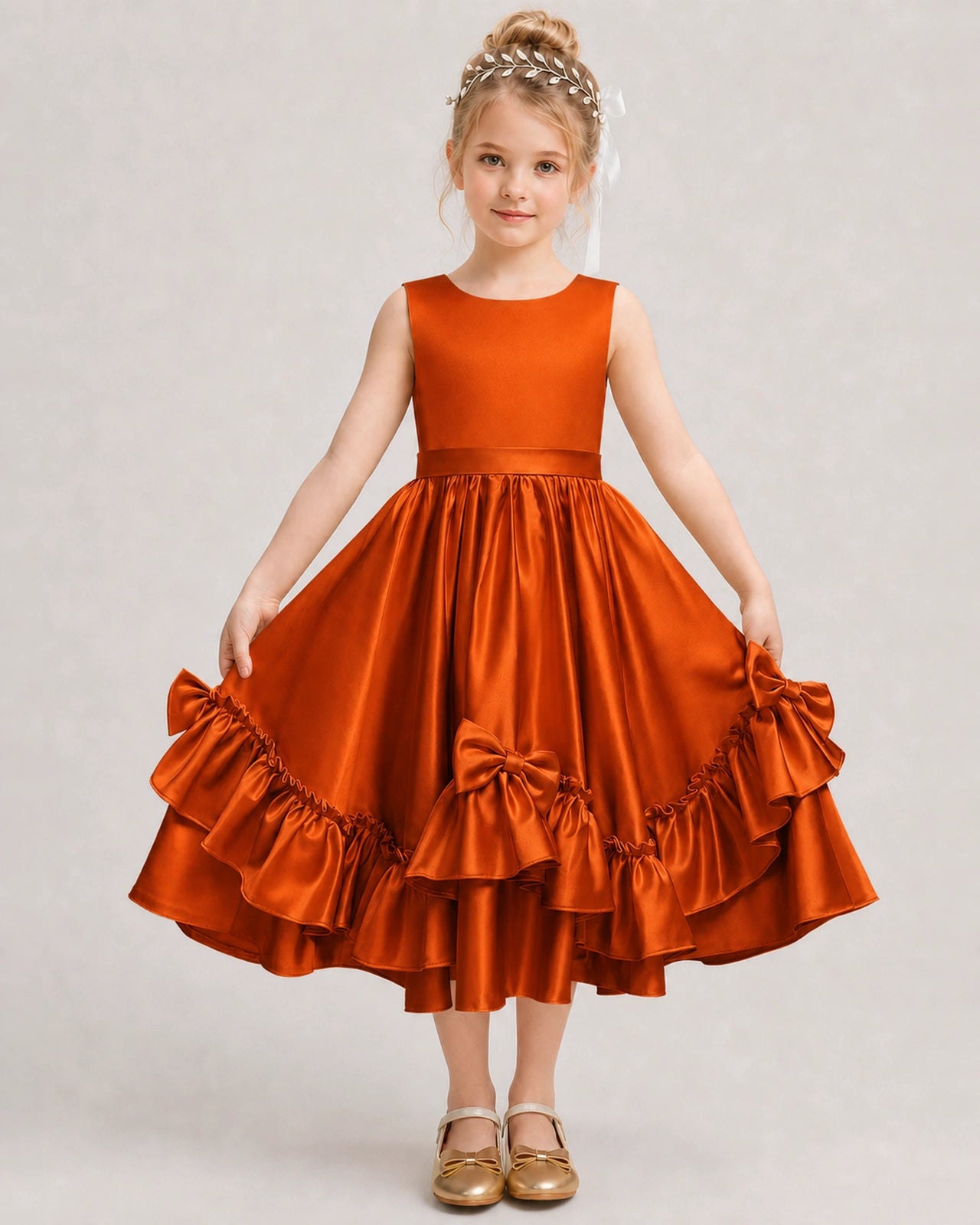 Burnt Orange Flower Girl Dress Deep V-Back Satin Bow Ruffle Knee-Length Dress Front View