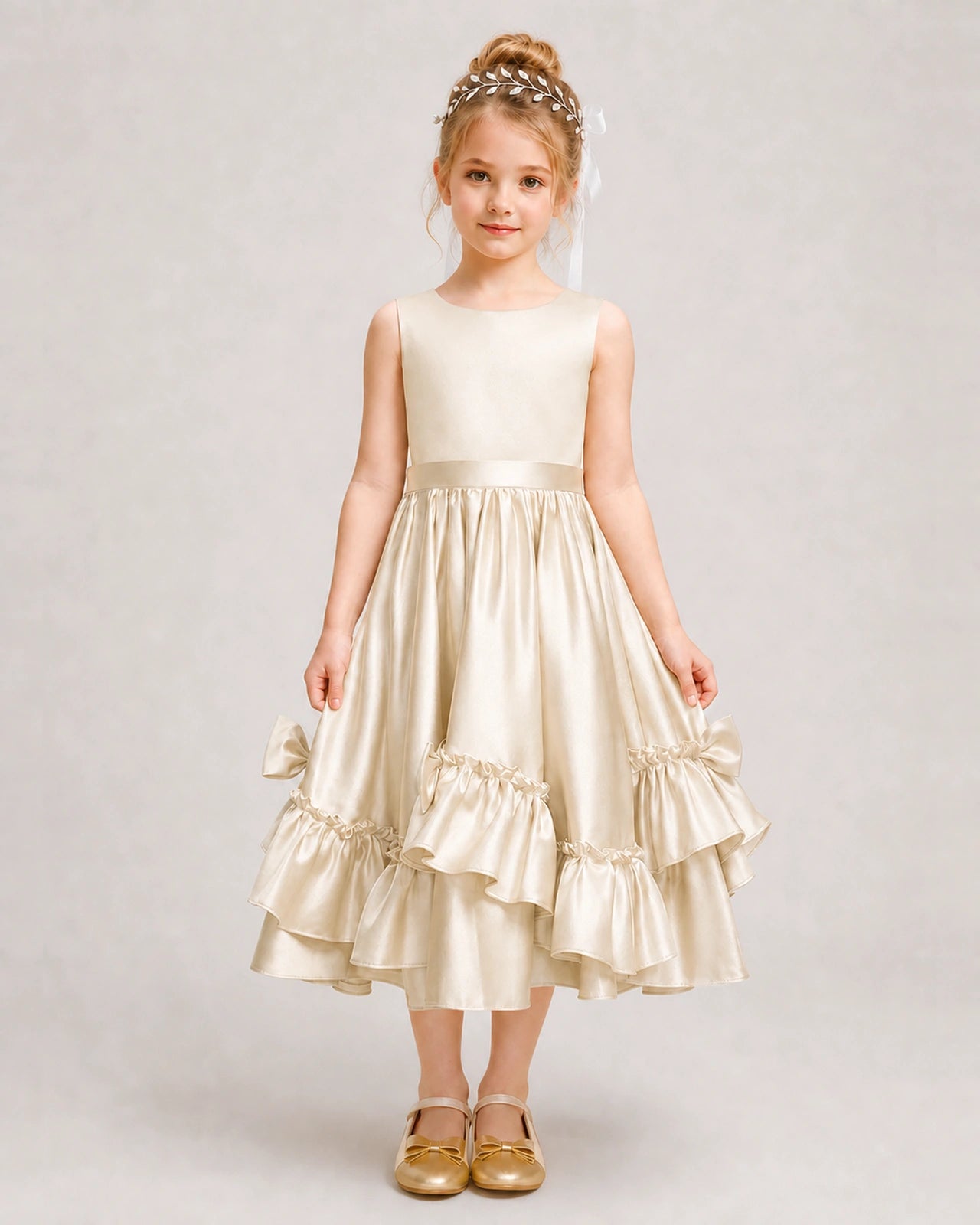 Champagne Flower Girl Dress Deep V-Back Satin Bow Ruffle Knee-Length Dress Front View