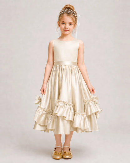 Champagne Flower Girl Dress Deep V-Back Satin Bow Ruffle Knee-Length Dress Front View