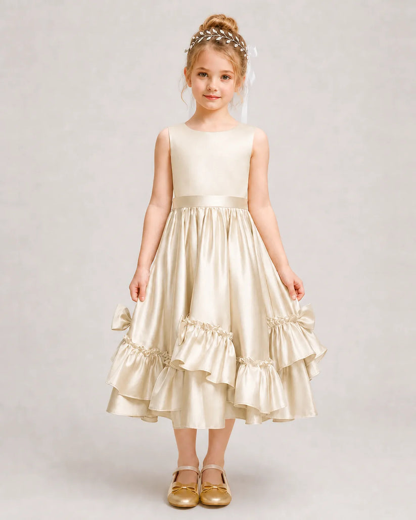 Champagne Satin A-line Girls Formal Dress Front View