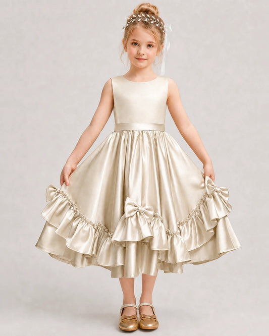 Champagne Flower Girl Dress Deep V-Back Satin Bow Ruffle Knee-Length Dress Front View