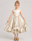 Champagne Flower Girl Dress Deep V-Back Satin Bow Ruffle Knee-Length Dress Front View