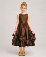 Chocolate Satin A-line Girls Formal Dress Front View