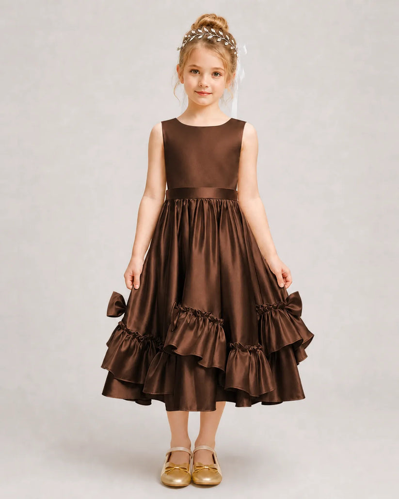 Chocolate Satin A-line Girls Formal Dress Front View