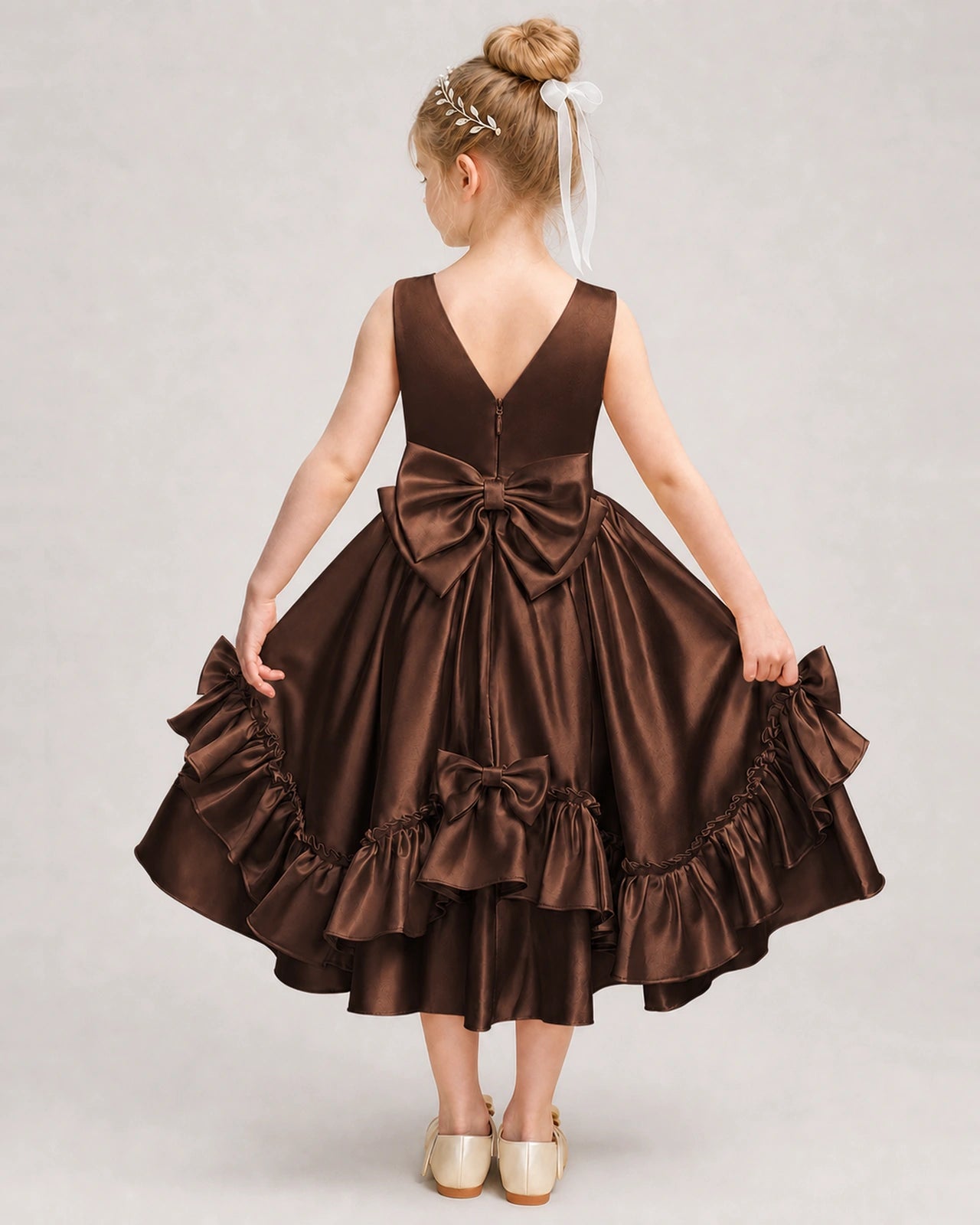 Chocolate Flower Girl Dress Deep V-Back Satin Bow Ruffle Knee-Length Dress Back View