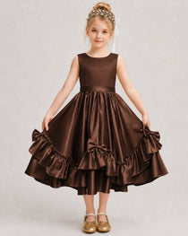 Chocolate Flower Girl Dress Deep V-Back Satin Bow Ruffle Knee-Length Dress Front View