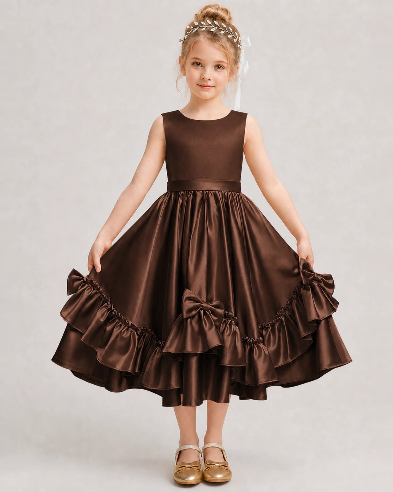 Chocolate Flower Girl Dress Deep V-Back Satin Bow Ruffle Knee-Length Dress Front View