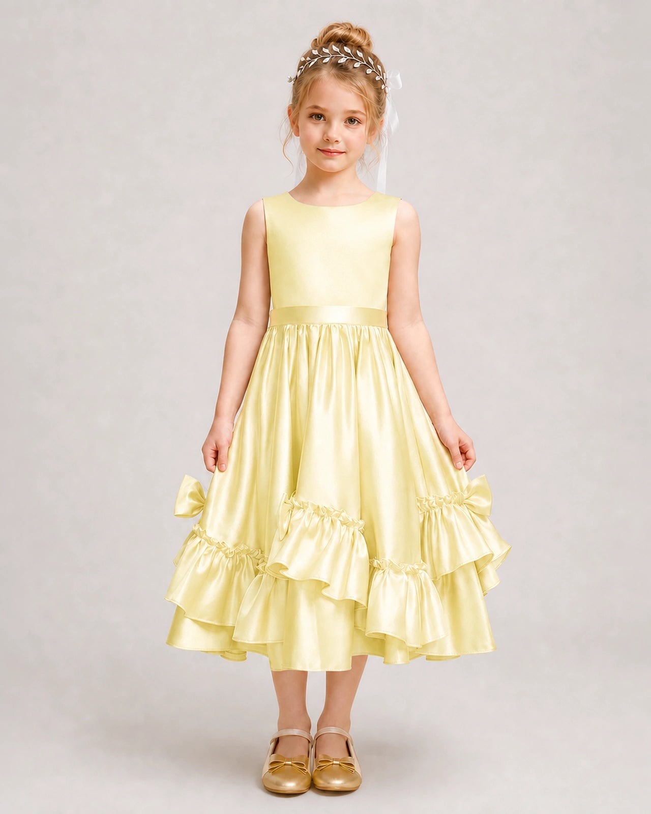 Daffodil Flower Girl Dress Deep V-Back Satin Bow Ruffle Knee-Length Dress Front View
