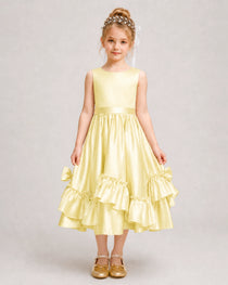 Daffodil Flower Girl Dress Deep V-Back Satin Bow Ruffle Knee-Length Dress Front View