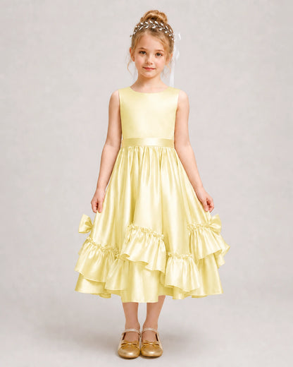 Daffodil Flower Girl Dress Deep V-Back Satin Bow Ruffle Knee-Length Dress Front View