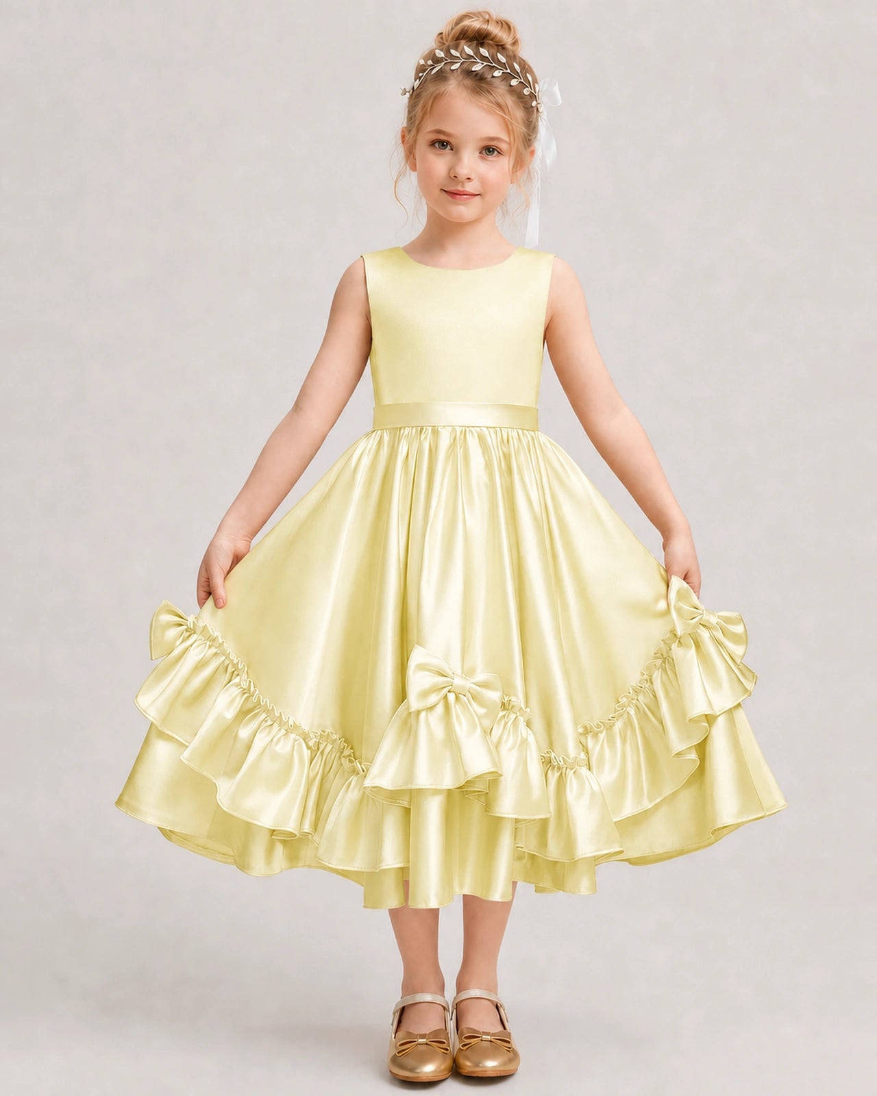 Daffodil Flower Girl Dress Deep V-Back Satin Bow Ruffle Knee-Length Dress Front View