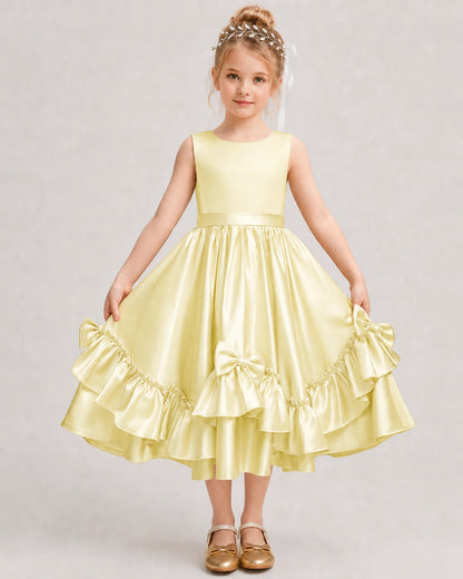 Daffodil Flower Girl Dress Deep V-Back Satin Bow Ruffle Knee-Length Dress Front View