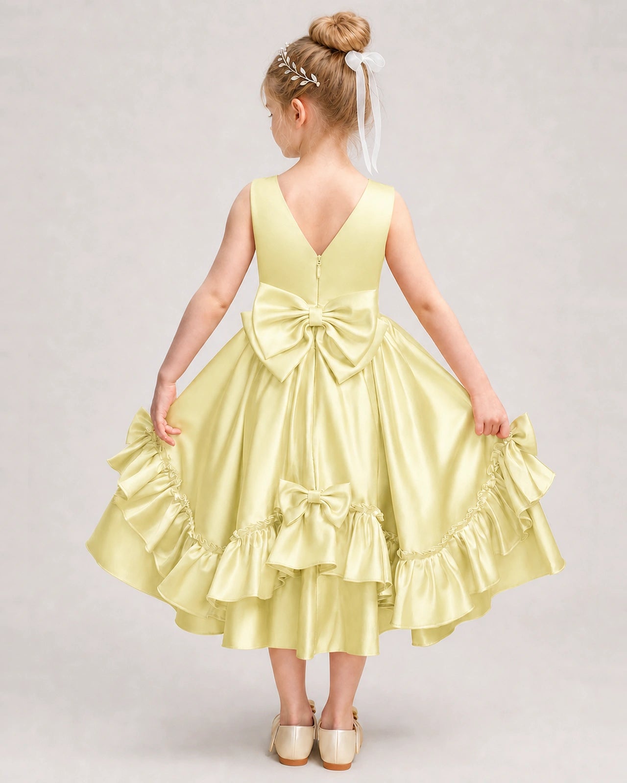 Daffodil Flower Girl Dress Deep V-Back Satin Bow Ruffle Knee-Length Dress Back View