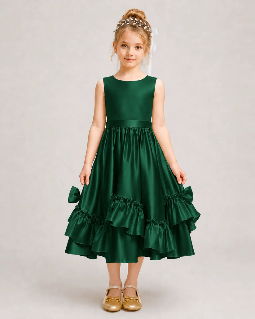 Dark Green Satin A-line Girls Formal Dress Front View