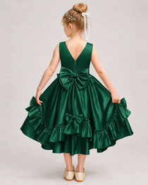 Dark Green Flower Girl Dress Deep V-Back Satin Bow Ruffle Knee-Length Dress Back View