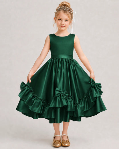 Dark Green Flower Girl Dress Deep V-Back Satin Bow Ruffle Knee-Length Dress Front View