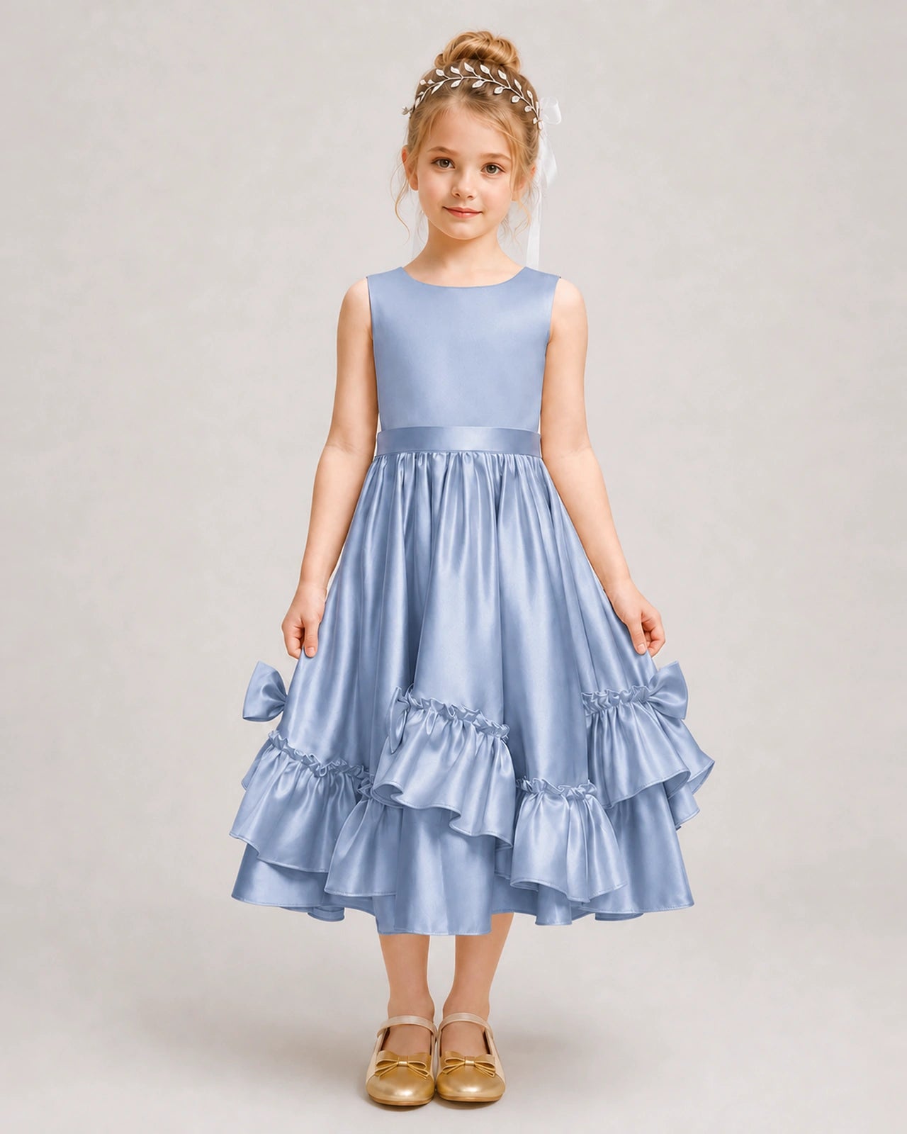 Dusty Blue Flower Girl Dress Deep V-Back Satin Bow Ruffle Knee-Length Dress Front View