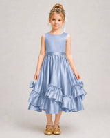 Dusty Blue Satin A-line Girls Formal Dress Front View