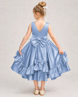 Dusty Blue Satin A-line Girls Formal Dress Back View