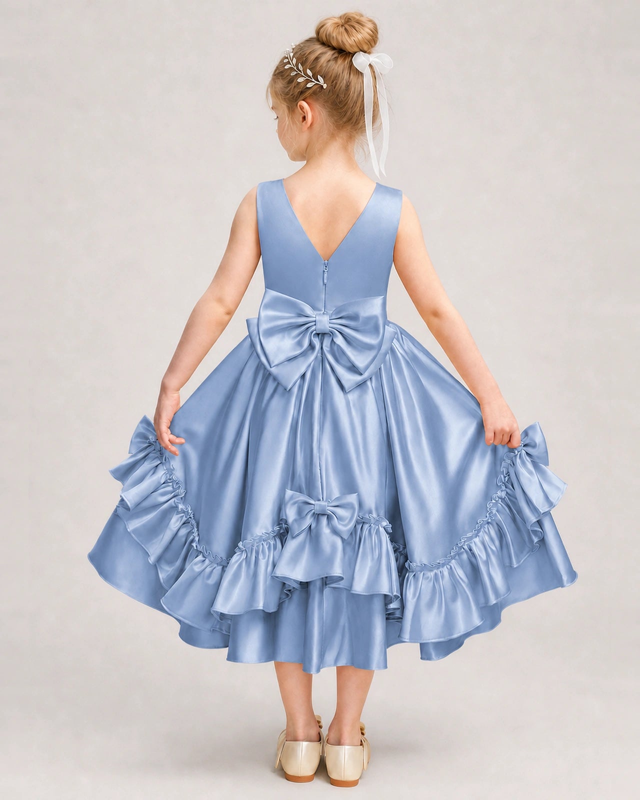 Dusty Blue Flower Girl Dress Deep V-Back Satin Bow Ruffle Knee-Length Dress Back View