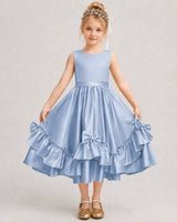 Dusty Blue Satin A-line Girls Formal Dress Front View