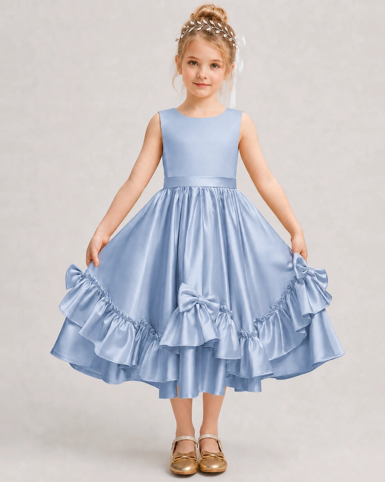 Dusty Blue Flower Girl Dress Deep V-Back Satin Bow Ruffle Knee-Length Dress Front View