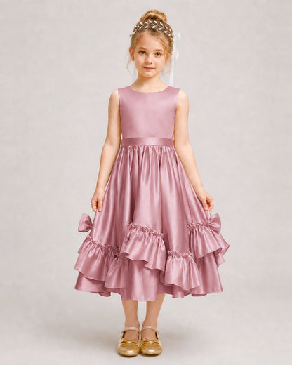 Dusty Rose Flower Girl Dress Deep V-Back Satin Bow Ruffle Knee-Length Dress Front View