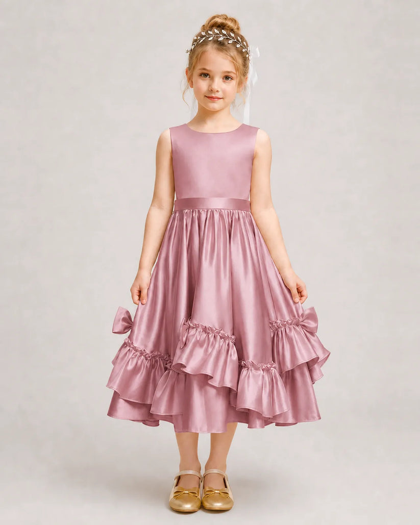 Dusty Rose Satin A-line Girls Formal Dress Front View