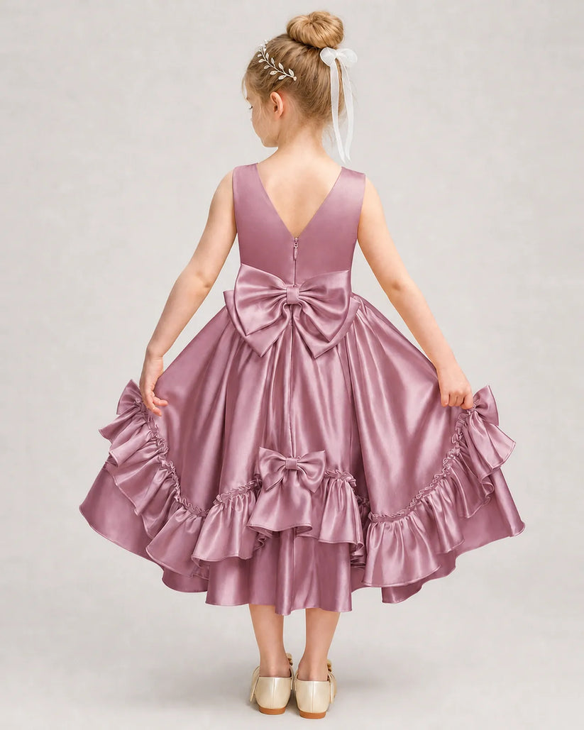 Dusty Rose Satin A-line Girls Formal Dress Back View