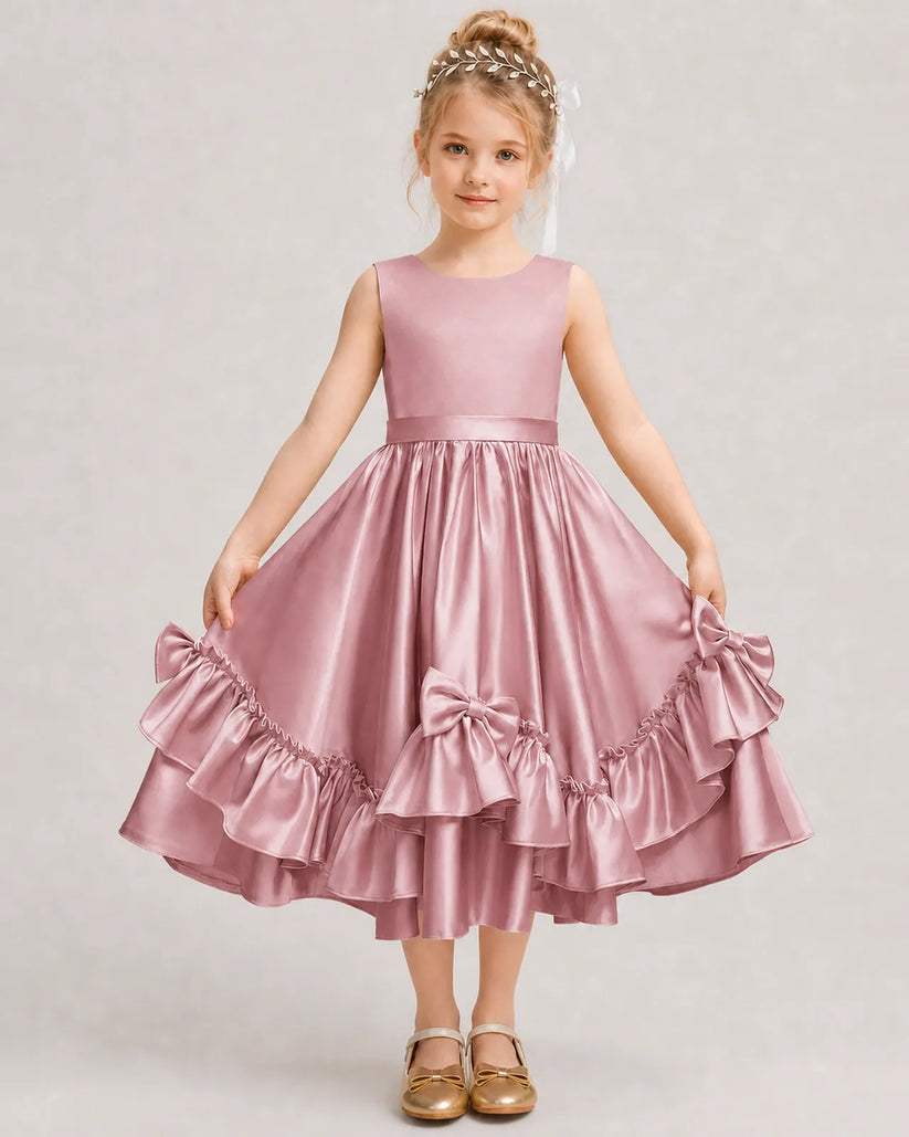 Dusty Rose Satin A-line Girls Formal Dress Front View
