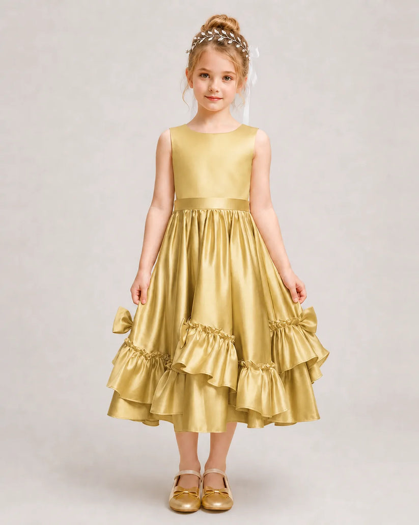 Gold Satin A-line Girls Formal Dress Front View