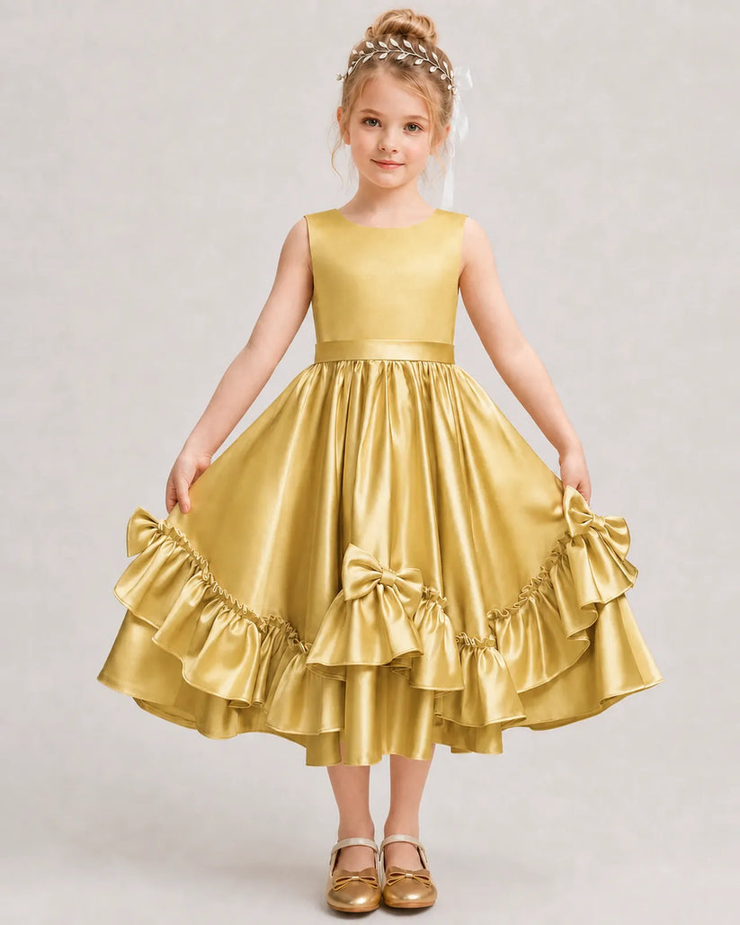 Gold Satin A-line Girls Formal Dress Front View