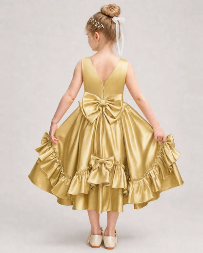 Gold Flower Girl Dress Deep V-Back Satin Bow Ruffle Knee-Length Dress Back View