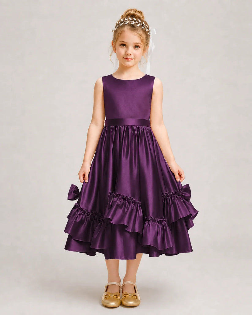 Grape Satin A-line Girls Formal Dress Front View