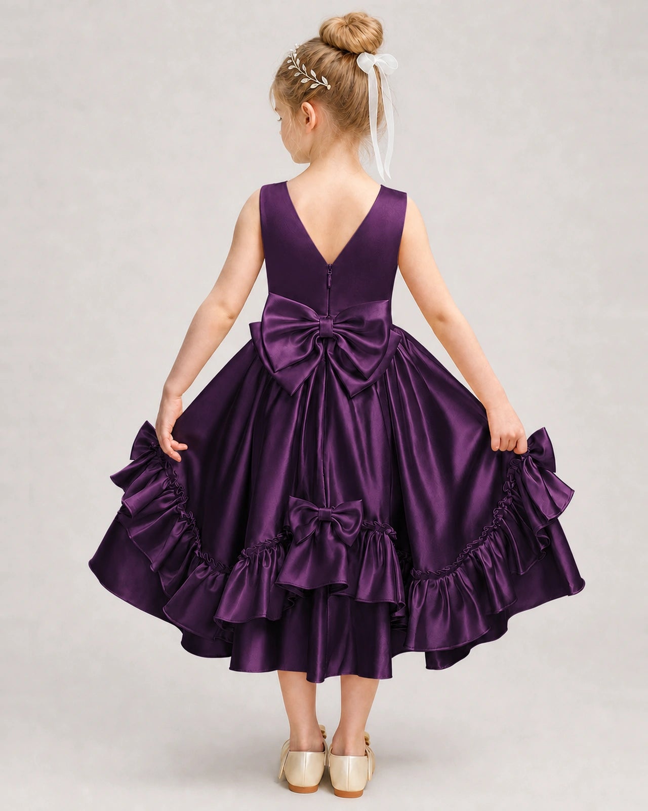 Grape Flower Girl Dress Deep V-Back Satin Bow Ruffle Knee-Length Dress Back View