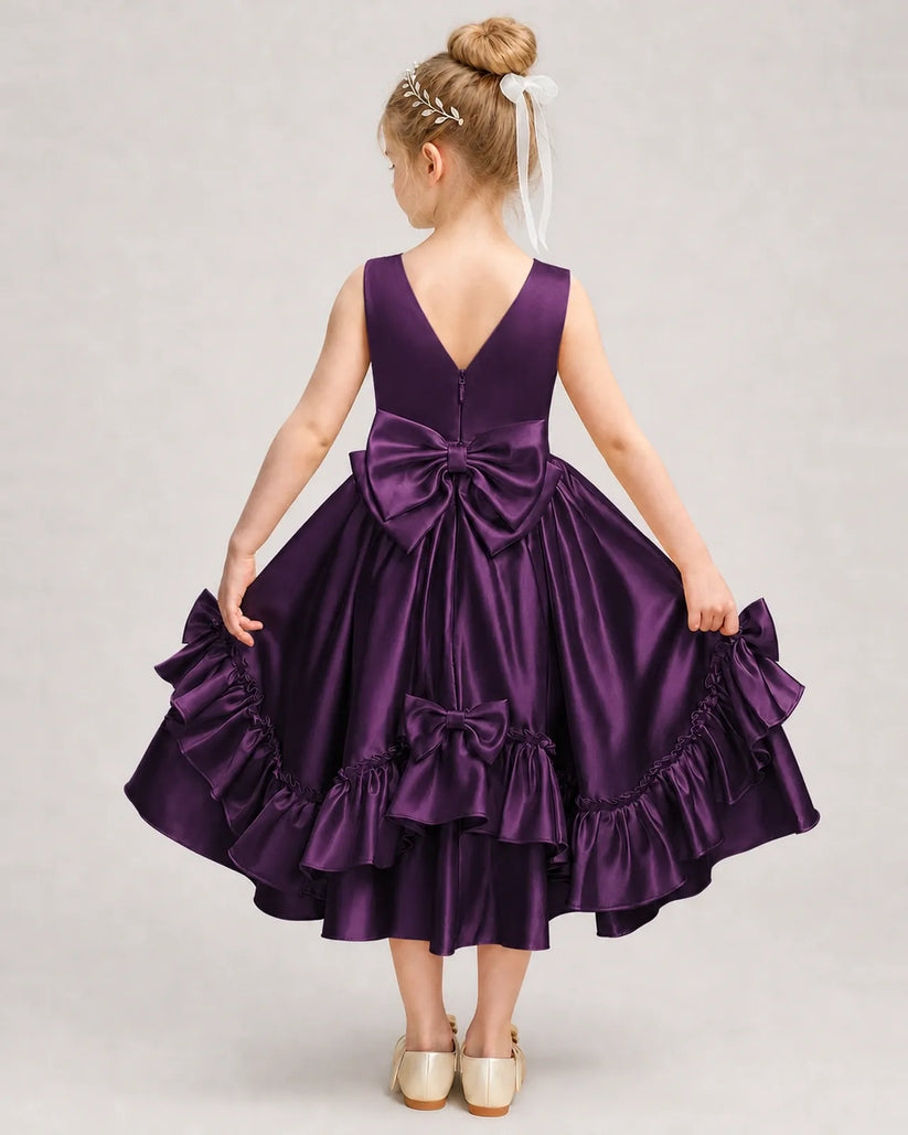 Grape Satin A-line Girls Formal Dress Back View