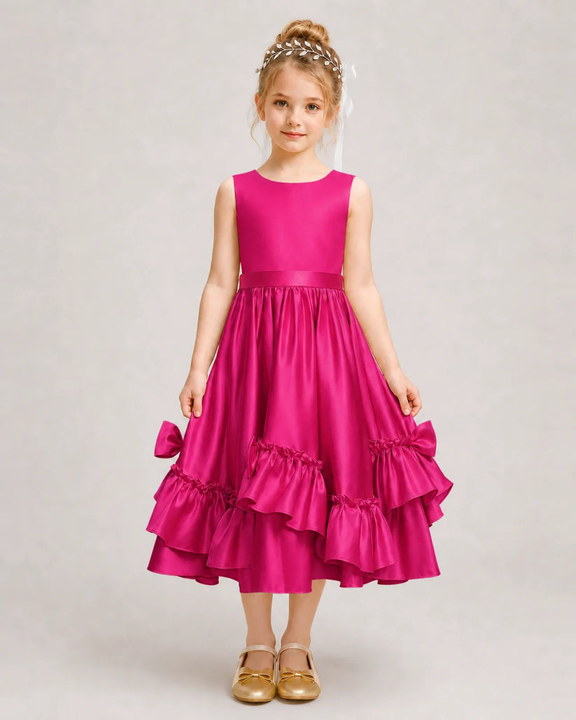 Hot Pink Satin A-line Girls Formal Dress Front View