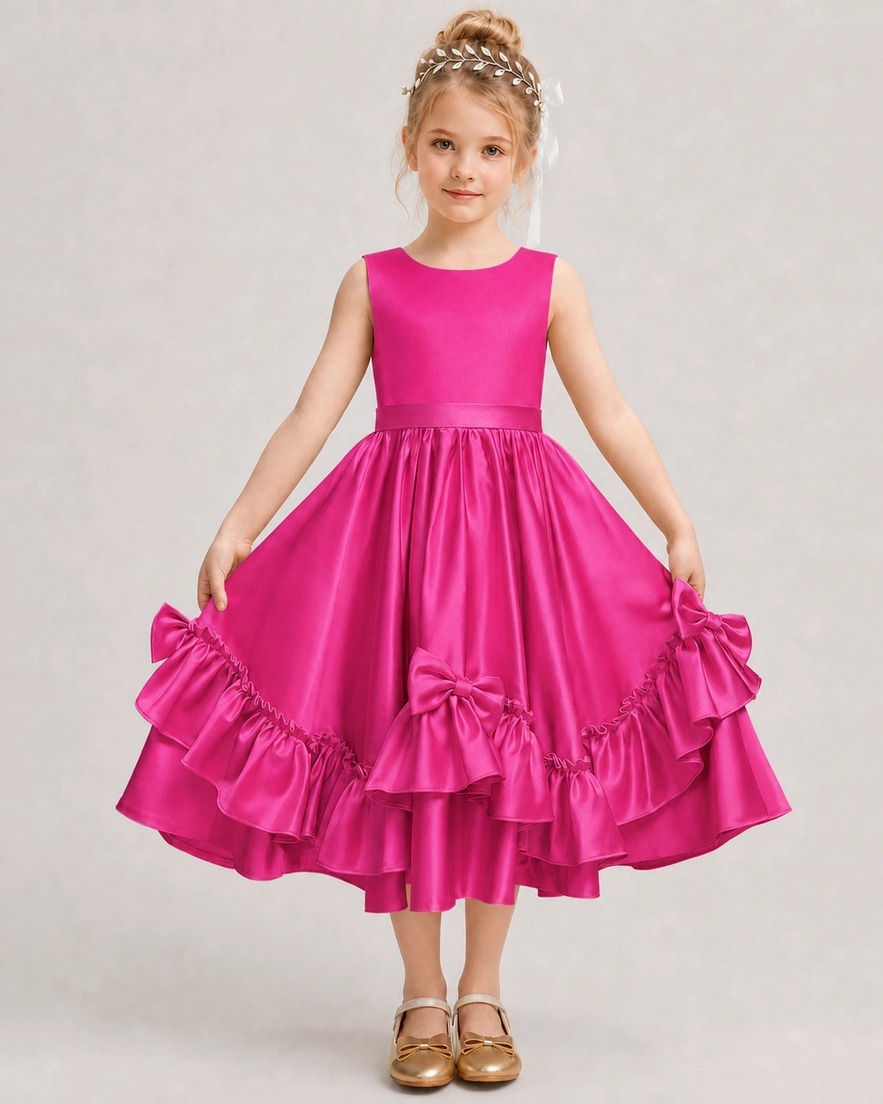 Hot Pink Flower Girl Dress Deep V-Back Satin Bow Ruffle Knee-Length Dress Front View