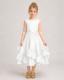 Ivory Flower Girl Dress Deep V-Back Satin Bow Ruffle Knee-Length Dress Front View