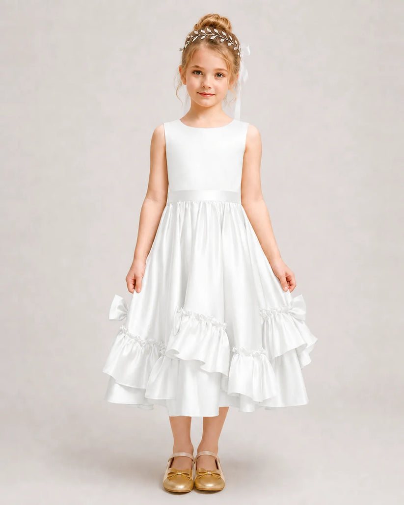 Ivory Satin A-line Girls Formal Dress Front View