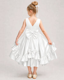 Ivory Flower Girl Dress Deep V-Back Satin Bow Ruffle Knee-Length Dress Back View