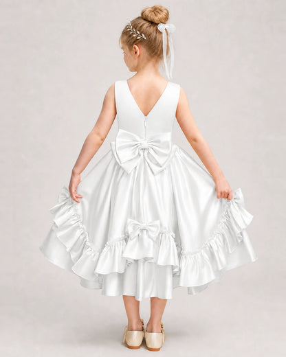 Ivory Flower Girl Dress Deep V-Back Satin Bow Ruffle Knee-Length Dress Back View