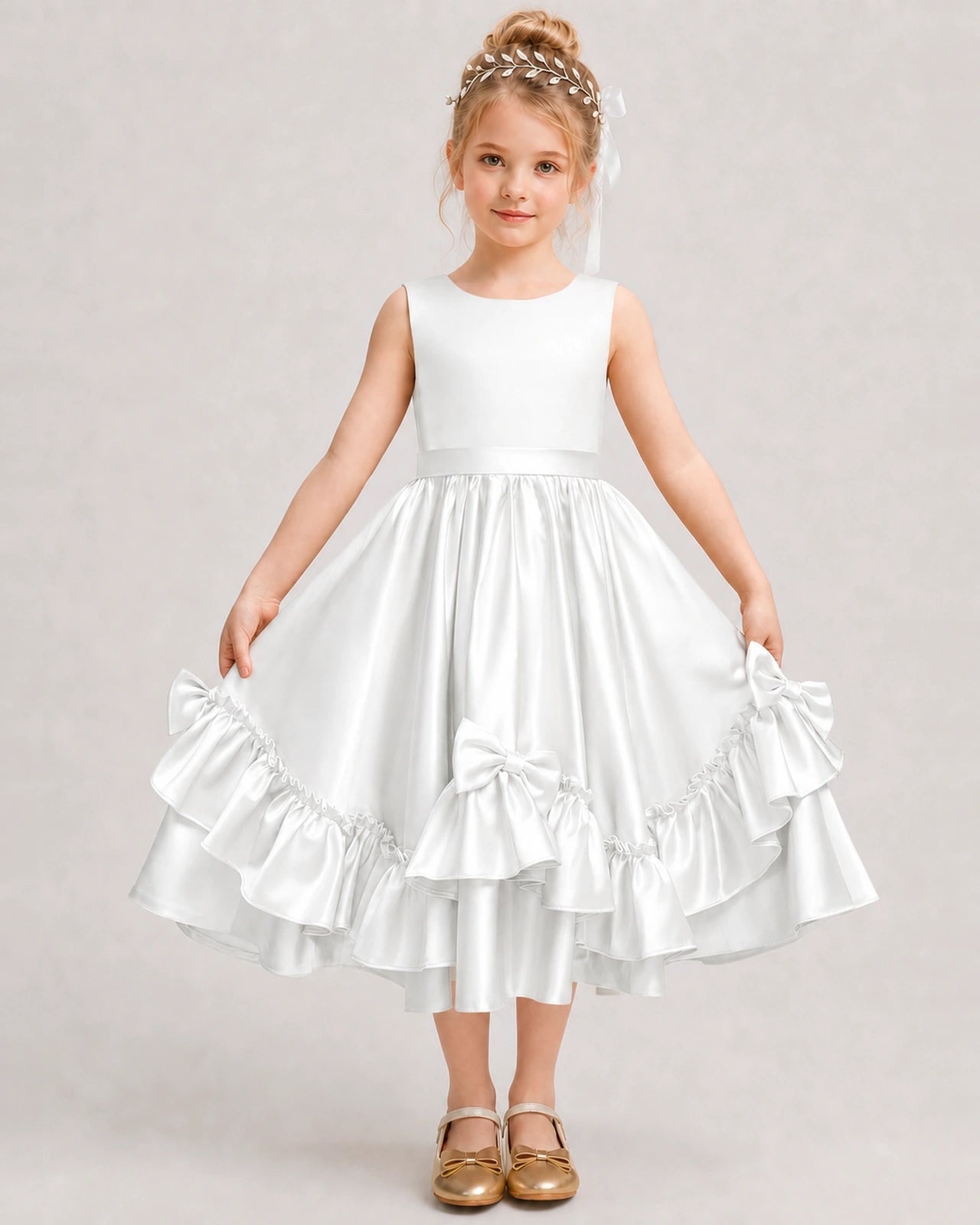 Ivory Flower Girl Dress Deep V-Back Satin Bow Ruffle Knee-Length Dress Front View
