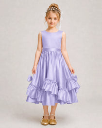 Lavender Flower Girl Dress Deep V-Back Satin Bow Ruffle Knee-Length Dress Front View